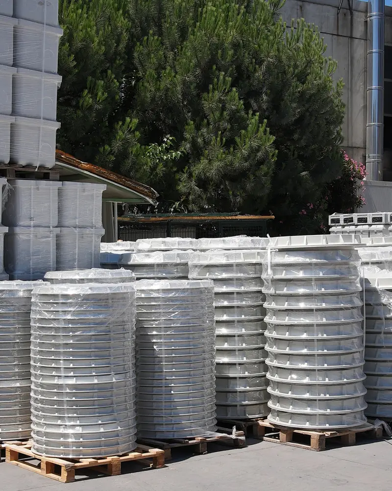 Stacked composite risers wrapped and ready for shipment.