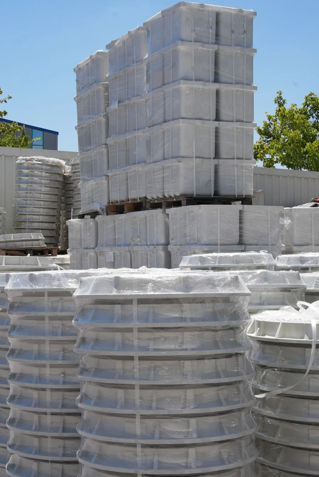 Composite infrastructure products displayed in the outdoor Compotec stock area