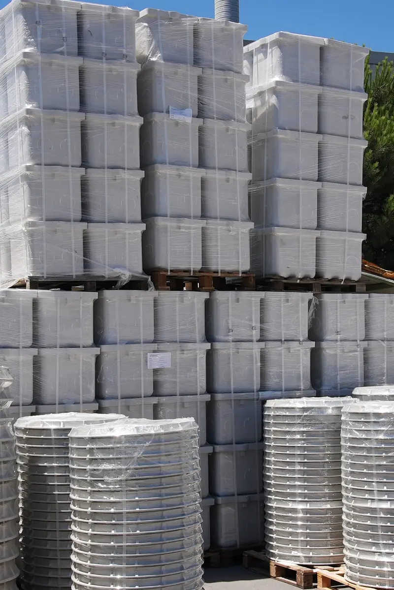 Rectangular composite underground enclosures stacked for dispatch.