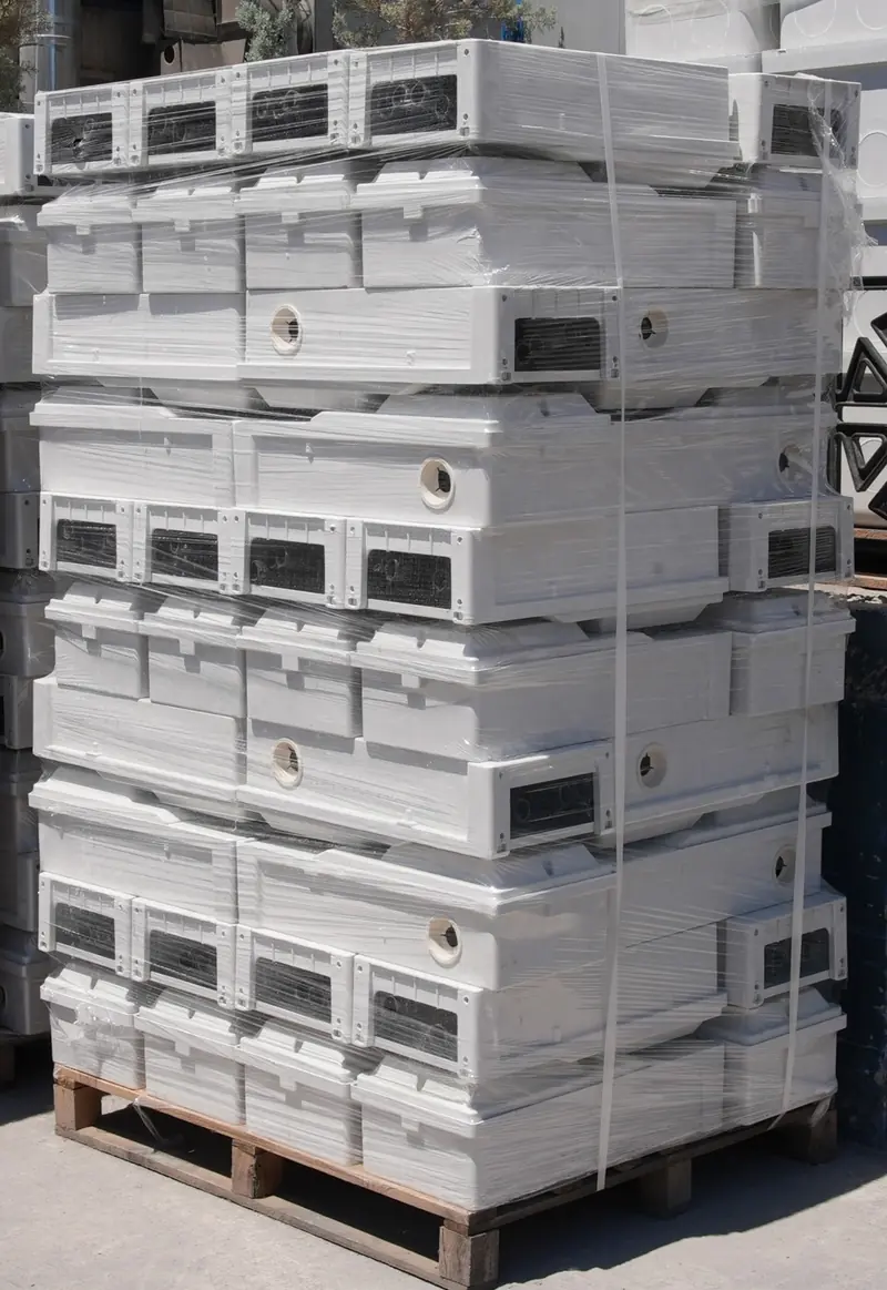 Stacked rectangular composite enclosures with cable entry details.