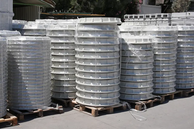 Wide view of the outdoor stock area with palletised composite products.