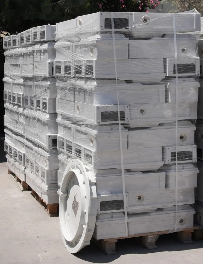 Palletised enclosures alongside a large circular composite frame.